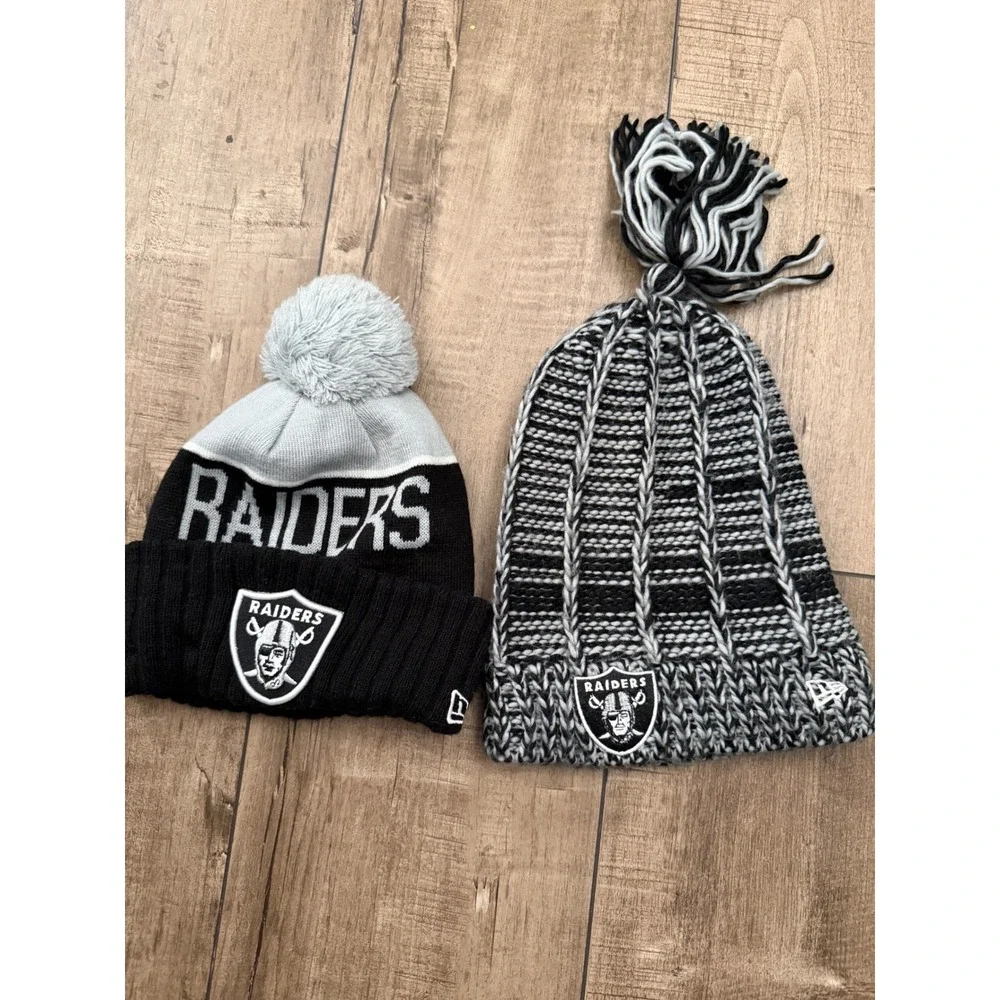 New Era Las Vegas Raiders Beanie Hat Lot 2 Pack Black Gray Knit NFL Pom Tassel